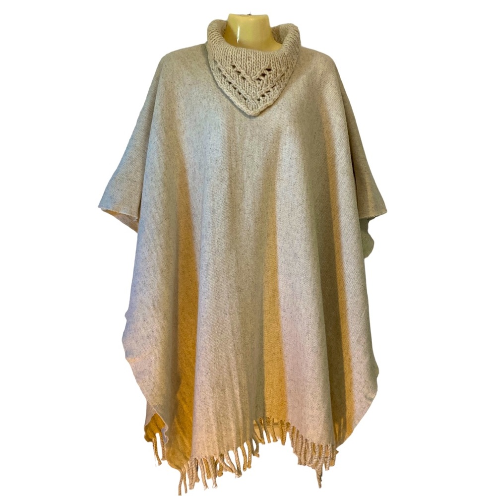 Boho Poncho Cape Knit Neck Fringe Hem Cottagecore Prairie Western Neutral Beige